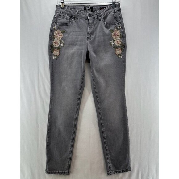 Earl Jean Denim - Earl Jeans Womens Size 8 Skinny Ankle Floral Embroidered Light Washed Denim Gray